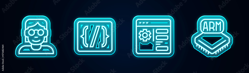 Set line Hacker or coder, Programming language syntax, Browser setting and Processor. Glowing neon icon. Vector