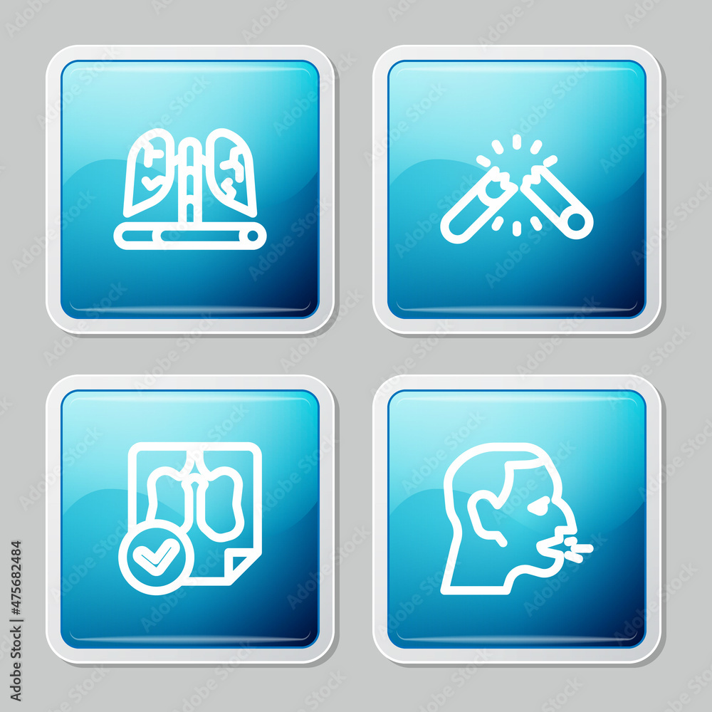 Set line Disease lungs, Broken cigarette, Lungs x-ray diagnostics and Man coughing icon. Vector Set line Disease lungs, Broken cigarette, Lungs x-ray diagnostics and Man coughing icon. Vector