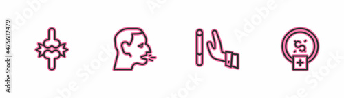 Set line Joint pain, knee pain, Giving up cigarette, Man coughing and Stop smoking, money saving icon. Vector