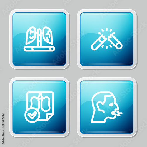 Set line Disease lungs, Broken cigarette, Lungs x-ray diagnostics and Man coughing icon. Vector