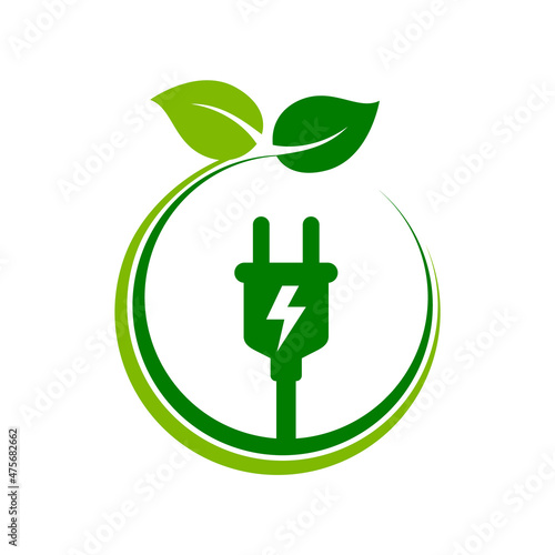 Electrical plug with leaves concept. Sustainable energy sources. Clean power generation. Green energy concept. Eco friendly electricity. Carbon neutrality idea. Vector illustration, flat, clip art. 