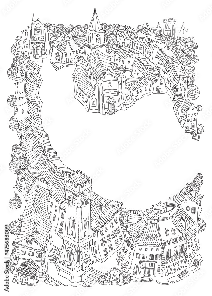 Vector outline contoured fantasy landscape, trees, fairy tale small town medieval castle on the hill. Black and white T shirt print, Travel Brochure cover illustration, Adults Coloring Book page 