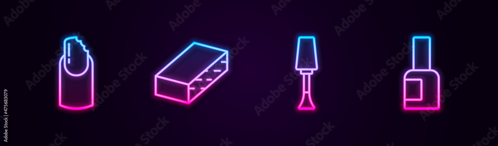 Set line Broken nail, Nail file, polish and Bottle of. Glowing neon icon. Vector Set line Broken nail, Nail file, polish and Bottle of. Glowing neon icon. Vector