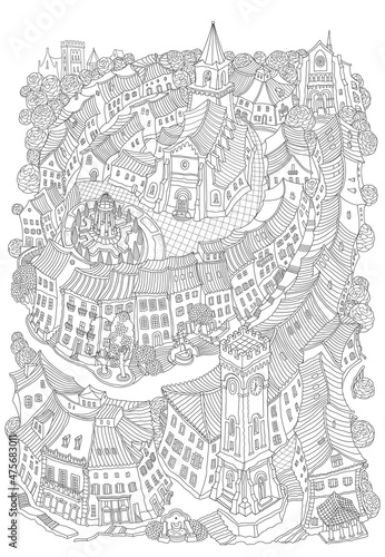 Vector fantasy urban landscape with medieval European town houses and castle. Fairy tale old street. Hand drawn doodle sketch. Tee shirt black and white print, adults coloring book page