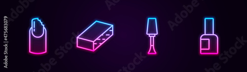 Set line Broken nail, Nail file, polish and Bottle of. Glowing neon icon. Vector