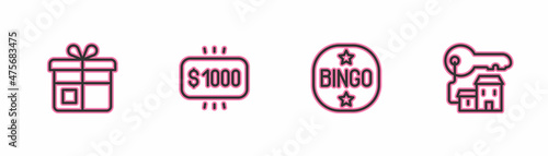 Set line Gift box, Bingo, Money prize casino and Winning house with key icon. Vector
