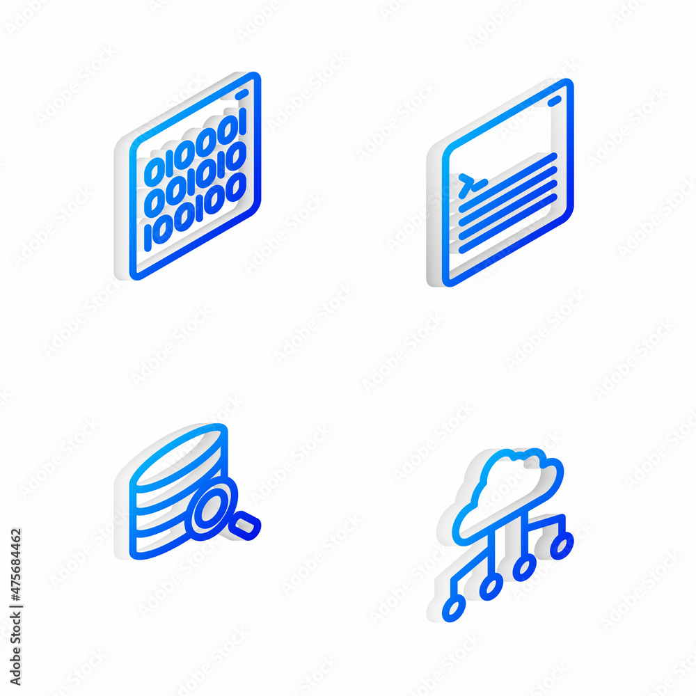 Set Isometric line Web developer programming code, Binary, Server and Network cloud connection icon. Vector Set Isometric line Web developer programming code, Binary, Server and Network cloud connection icon. Vector
