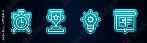 Set line Alarm clock, Award cup, Light bulb and Projection screen. Glowing neon icon. Vector