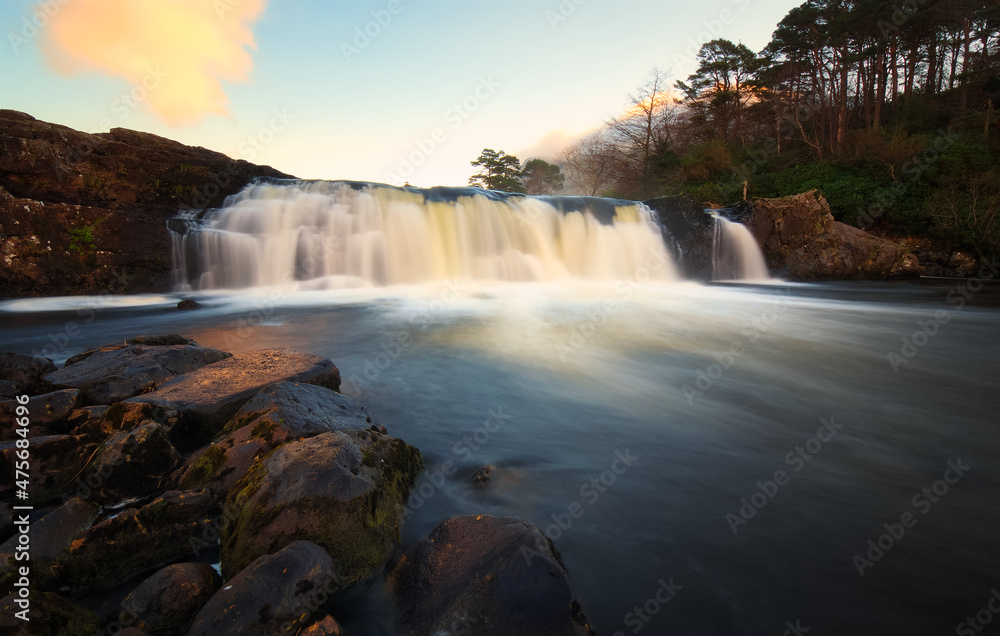Beautiful morning nature scenery of Aesleagh falls in county Mayo, Ireland 