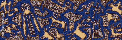 Panel on the ethnic theme. A series of petroglyphs, rock paintings of Central Asia, vector design.	