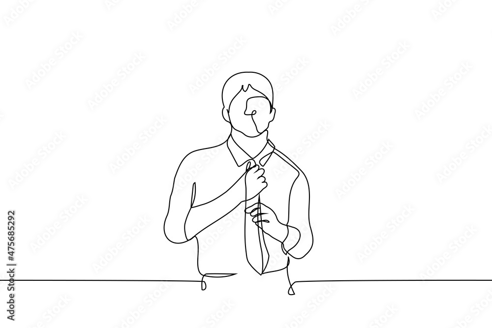 man stands in shirt and straightens tie - one line drawing vector. concept of buying clothes tie, office work man stands in shirt and straightens tie - one line drawing vector. concept of buying clothes tie, office work