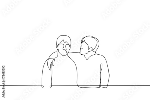 male friends hugging shoulders - one line drawing vector. man hugs and looks at his friend