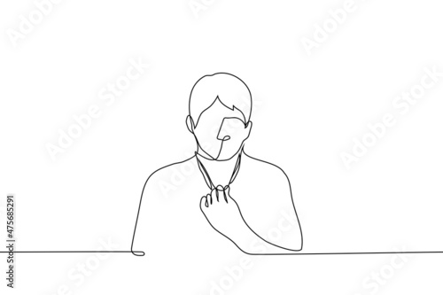 man pulled back collar of his t-shirt he is hot or stuffy - one line drawing vector. concept of heat, stuffiness, suffocation, profuse sweating