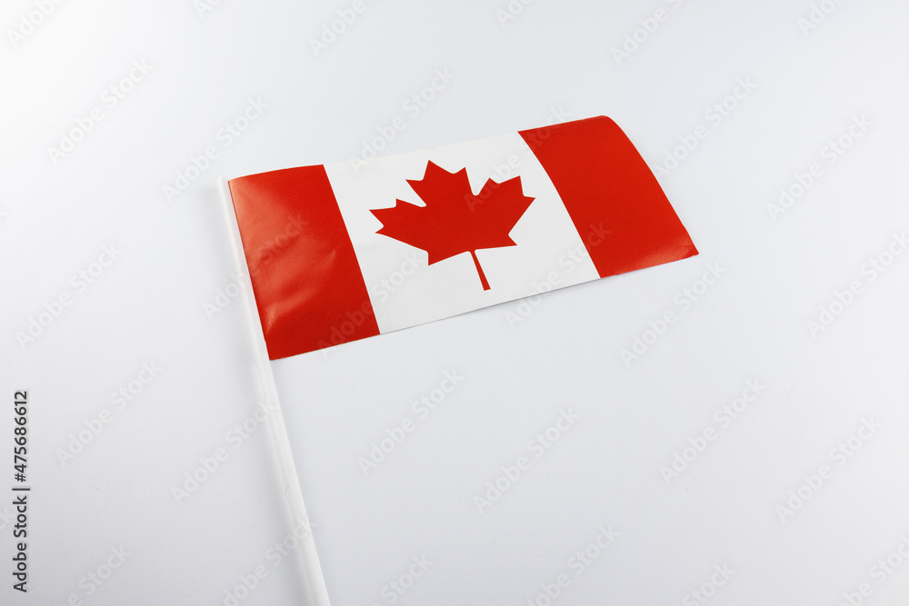 Small flag of Canada on plastic stick lying on white surface Small flag of Canada on plastic stick lying on white surface