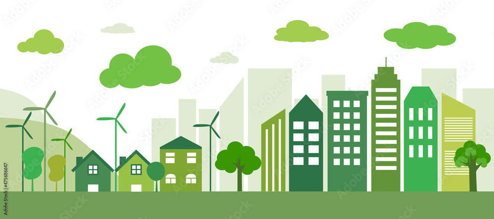 Sustainable green eco city landscape in flat design vector illustration.