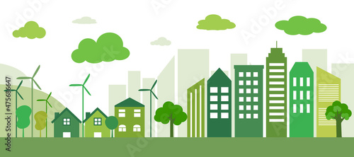 Sustainable green eco city landscape in flat design vector illustration.