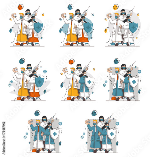 Set of cartoon illustration with vaccine protect for medical design. Medical treatment. Vector design. Coronavirus and doctors with syringe concept. Professional shield for viral infection