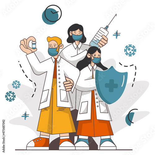 Cartoon illustration with vaccine protect for medical design. Treatment. Vector design. Coronavirus and doctors with syringe concept. Professional shield for viral infection. Coronavirus guardian