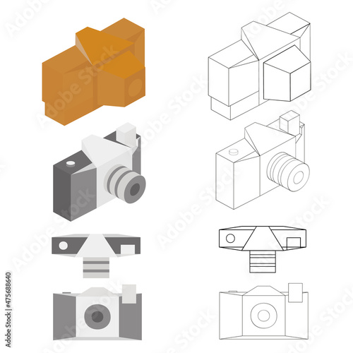 A vector illustration of cameras and camera cases set isolated on transparent background. Designed in orange, grey, black and white colors for web concepts 