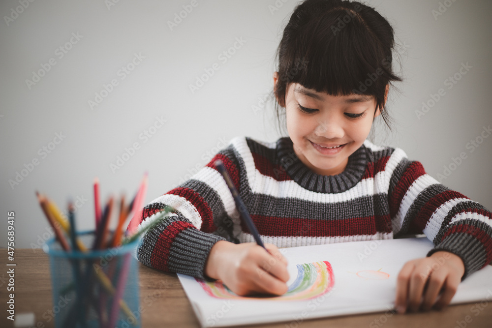 Covid-19 Coronavirus and Learning from home, Home school kid concept. Little children study online learning from home Covid-19 Coronavirus and Learning from home, Home school kid concept. Little children study online learning from home
