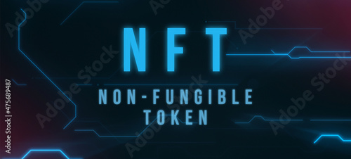 NFT Non-fungible token. Futuristic illustration. Digital crypto, crypto art concept. Colorful abstract background