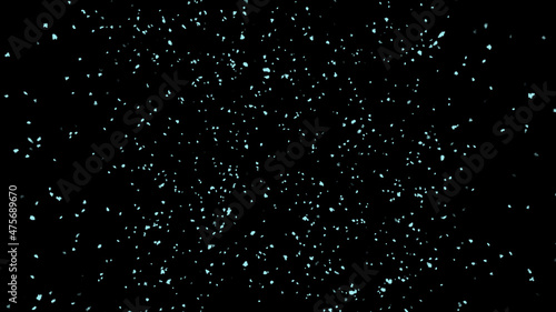 Abstract flying light particles of snowflakes on the background of the cosmic sky. Beautiful landscape of the night winter sky. 3D. 4K. Isolated black background. © Valentin