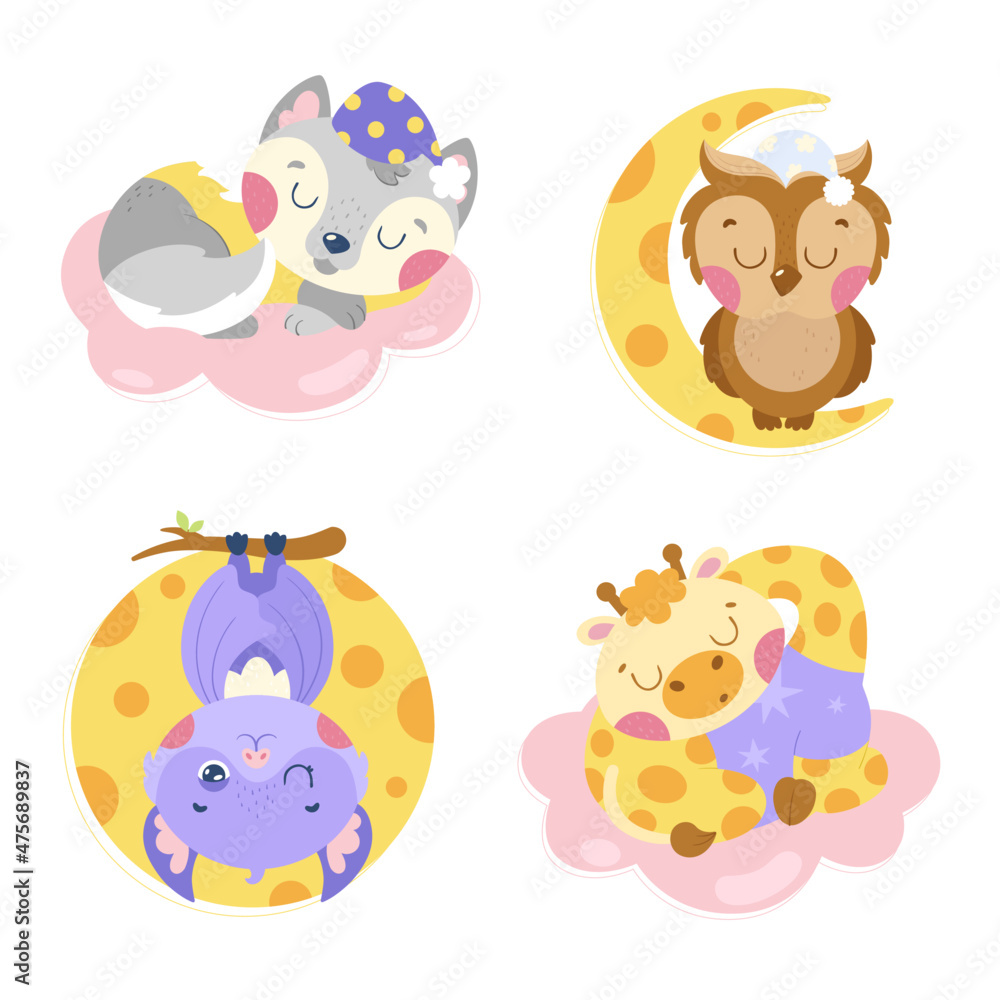 Naklejka premium Cute images with sleeping animals on the clouds.