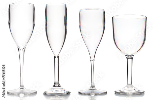 Realistic wine and champagne glasses. Four transparent wine glasses for gourmets. Isolated glasses on white background for festive events