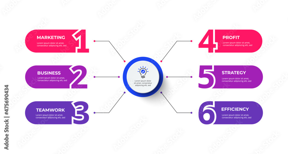 Flow chart with 6 rounded elements and numbers connected to main circle. Concept of six stages of business project. Modern infographic design template. - obrazy, fototapety, plakaty 