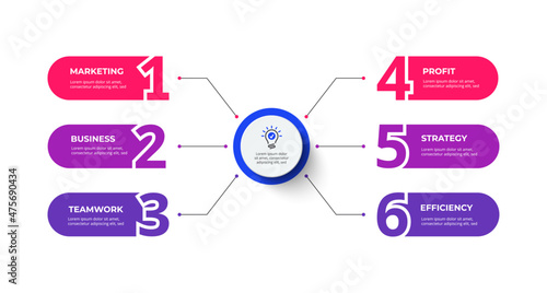 Flow chart with 6 rounded elements and numbers connected to main circle. Concept of six stages of business project. Modern infographic design template.