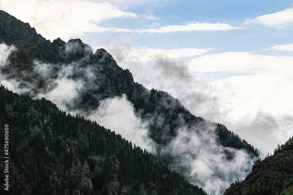 Clouds over forest and mountain hills