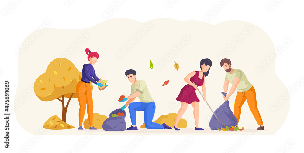 Group volunteers people raking autumn dry foliage at garden park cleaning garbage Group volunteers people raking autumn dry foliage at garden park cleaning garbage