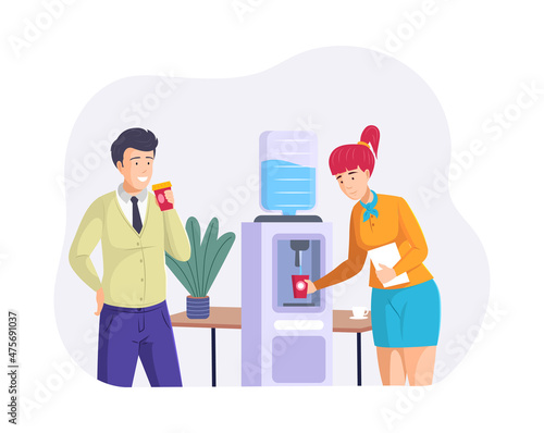 People coworkers drinking water from cooler. Man and woman colleagues enjoy pure aqua