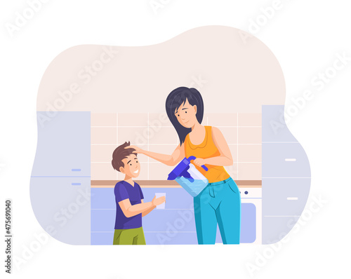Happy mother pouring fresh water to son from portable cooler jug hydration metabolism balance