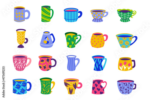 Doodle cup. Ceramic colorful mug with tea, coffee beverage, cups with cute minimalistic botanical patterns and ornaments. Vector set