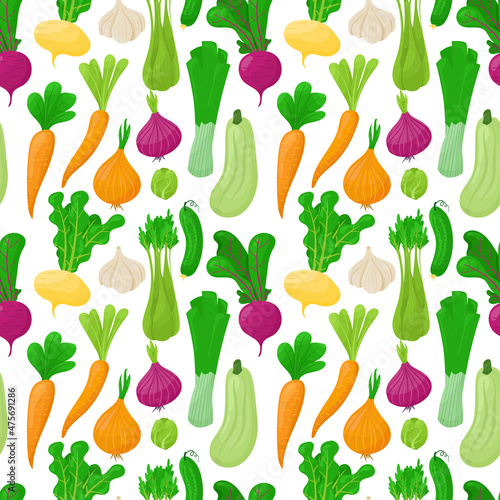 Vegetable pattern. Seamless print of cartoon zucchini onion celery carrot garlic cucumber. Vector texture of vegan food