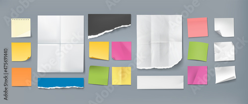 Note paper. Realistic blank sticky memo sheet , board notice sticker, piece of paper with torn edges, adhesive remember note. Vector isolated set
