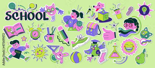 School graphic stickers. Abstract science college and elementary school badges with kids and science elements. Vector doodle emblems set