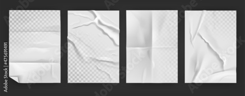 Wet paper. Realistic glued and wrinkled paper on transparent background, glued poster with crease effect. Vector blank outdoor urban banner