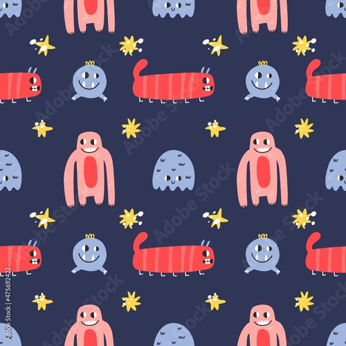 Cute monsters seamless pattern. Funny colorful creatures, little mutants or aliens, spooky fantasy characters, childish collection. Decor textile, wrapping paper wallpaper, vector print or fabric