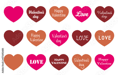 3色のハートと様々なフォントの『Happy Valentine』『 Valentine’s d ay』『LOVE』の文字のイラスト