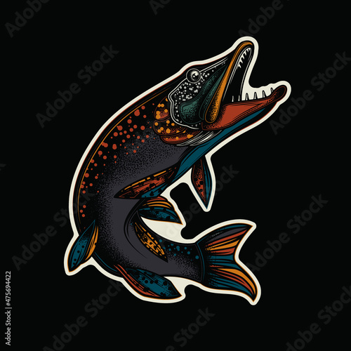 Original vector illustration in vintage style. Fish-pike. T-shirt design, stickers, print.