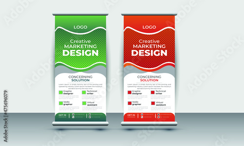 Roll up banner design of vector white roll-up banners with round, pull up design, modern x-banner, rectangle size.