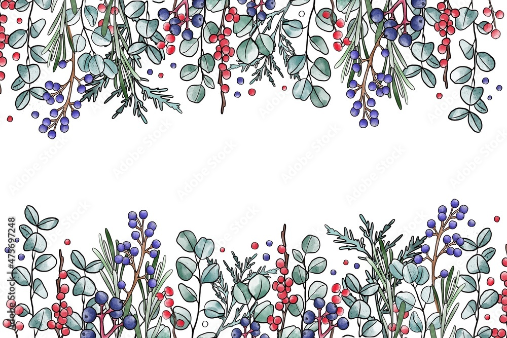 Festive background framed with winter plants Festive background framed with winter plants