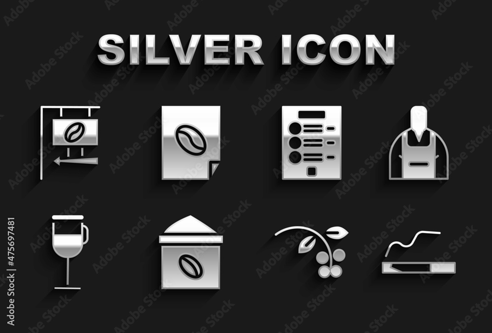 Set Bag of coffee beans, Barista, Cigarette, Coffee bean, branch, Irish, menu, Street signboard and poster icon. Vector Set Bag of coffee beans, Barista, Cigarette, Coffee bean, branch, Irish, menu, Street signboard and poster icon. Vector