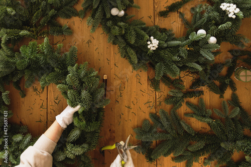 DIY Christmas composition from nobilis. Wreath decor for holiday decorations photo