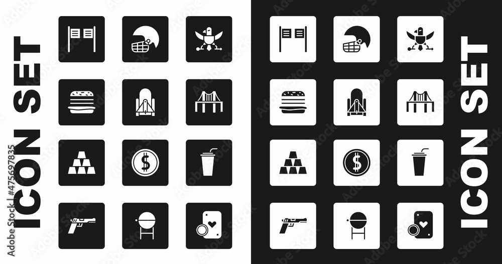 Set Eagle, Rocket launch from the spaceport, Burger, Saloon door, Golden gate bridge, American football helmet, Paper glass with straw and bars icon. Vector Set Eagle, Rocket launch from the spaceport, Burger, Saloon door, Golden gate bridge, American football helmet, Paper glass with straw and bars icon. Vector