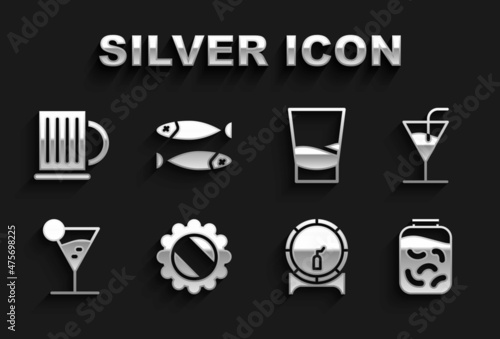 Set Bottle cap, Cocktail, Pickled cucumbers in jar, Wooden barrel on rack, Martini glass, Glass of vodka, beer mug and Dried fish icon. Vector