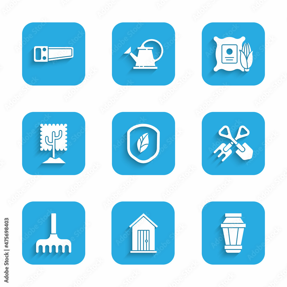 Set Shield with leaf, Farm house, Garden light lamp, Shovel and rake, Tree, Corn in the sack and Hand saw icon. Vector Set Shield with leaf, Farm house, Garden light lamp, Shovel and rake, Tree, Corn in the sack and Hand saw icon. Vector