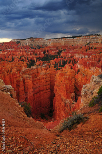 Dramatic, stormy late summer afternoon view of rock spires and hoodoos from Sunset Point, Bryce Canyon National Park, Utah, Southwest USA